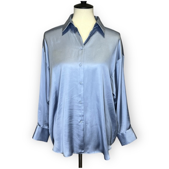 Zara Tops - Zara Long Sleeve Blue Satin Effect Shirt Blouse Button Front Sz M NEW